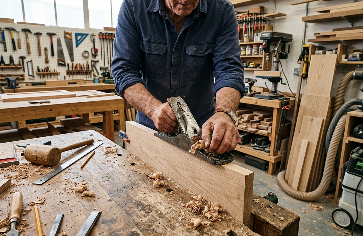Carpenter leveling a custom cabinet run in a bright Placentia kitchen renovation