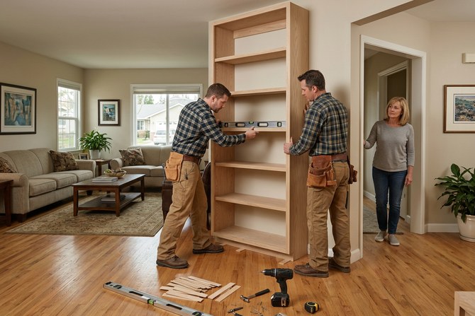 Two carpenters fitting a built-in bookcase against a living room wall in an Orange County home