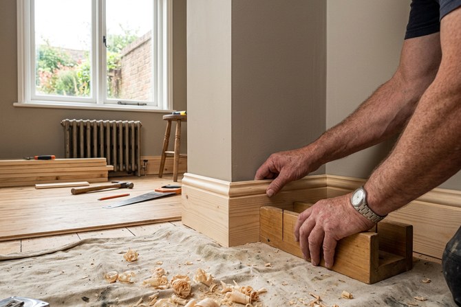 Close view of a carpenter's hands fitting a baseboard miter at an inside corner