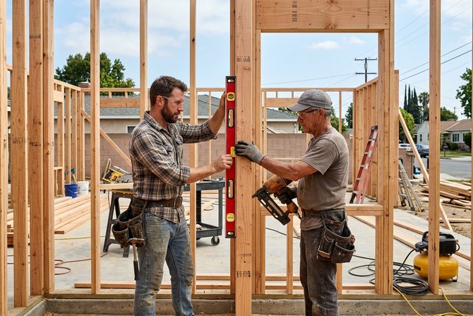 Framing carpenters building a new wall section with a level during a home addition