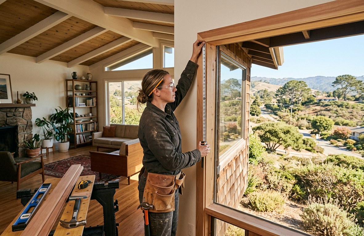 Carpenter measuring a window opening before installing new trim in a California home