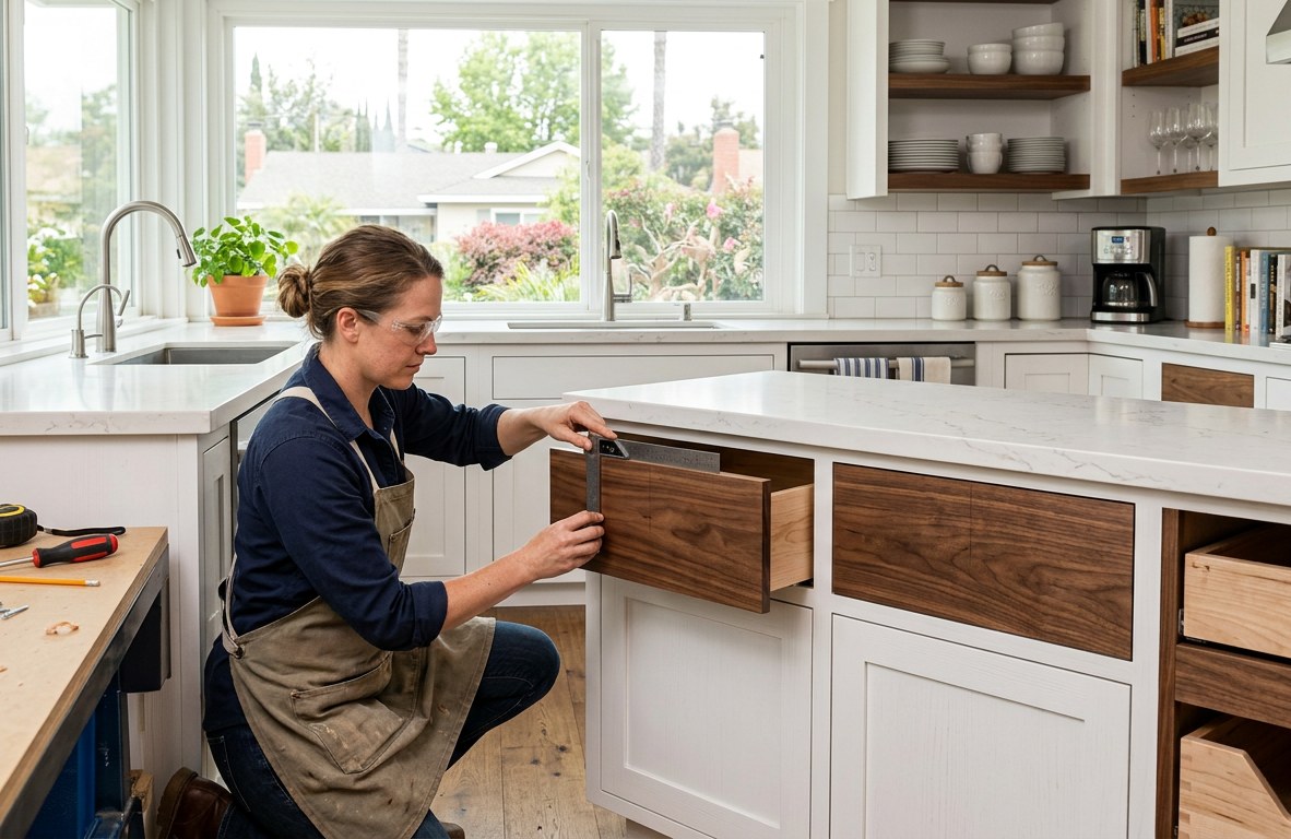 Custom walnut kitchen cabinetry being installed in a light-filled Placentia home