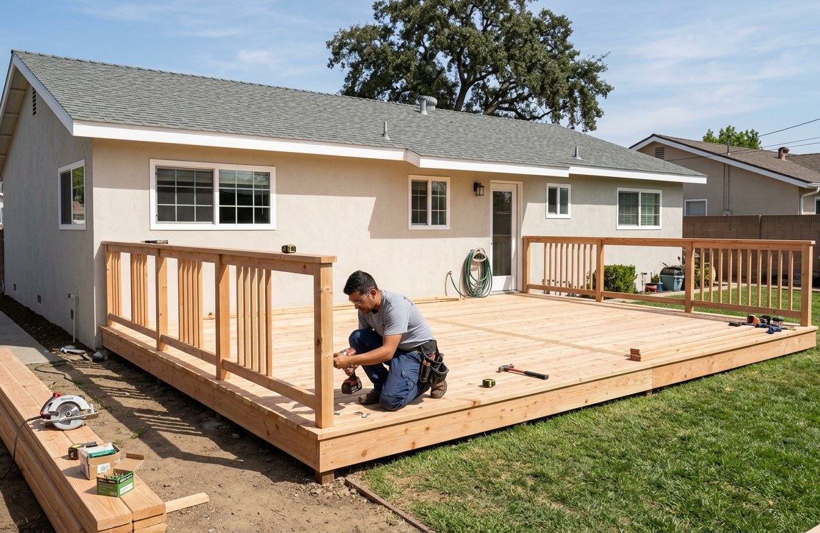 New wooden deck with railing being built in a sunny Placentia backyard