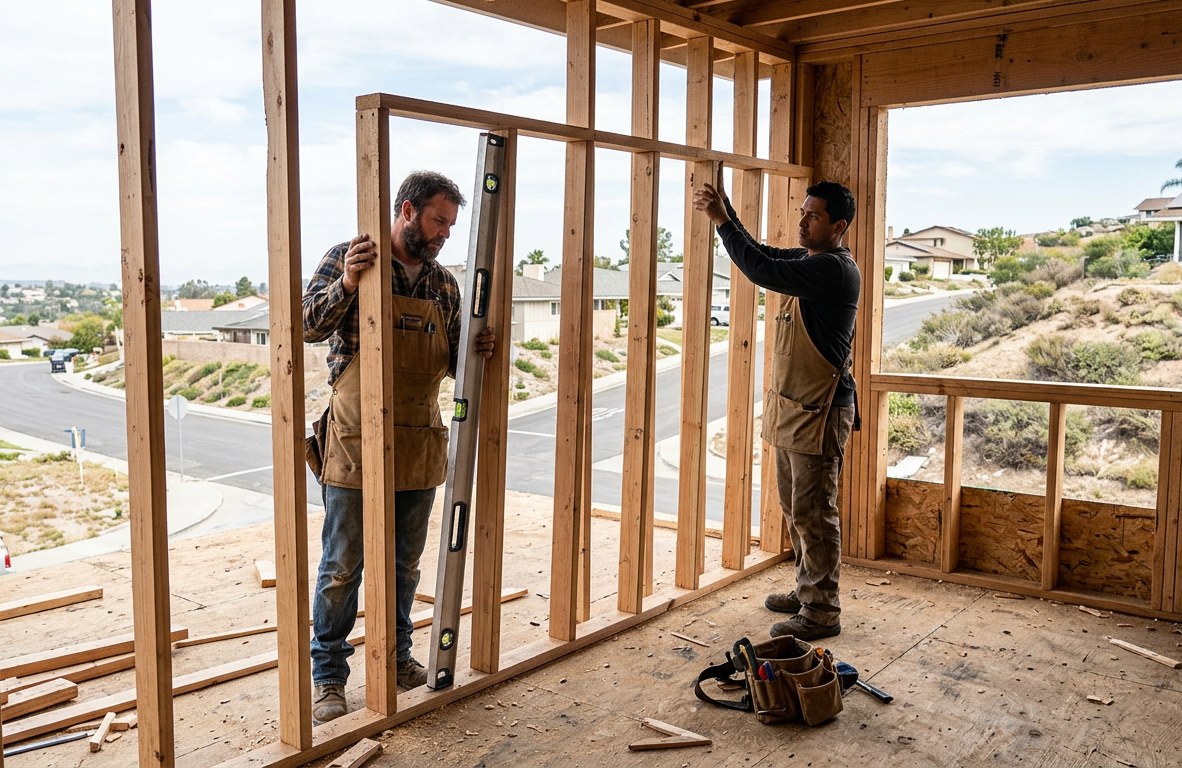 Framing carpenters leveling a new interior wall during a home addition in Anaheim Hills