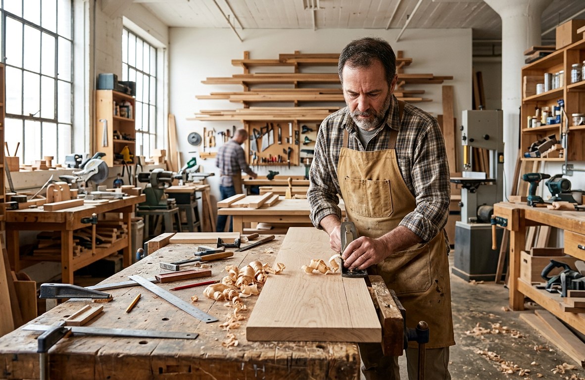 Carpenter using a hand plane on solid wood at a workbench in a bright workshop
