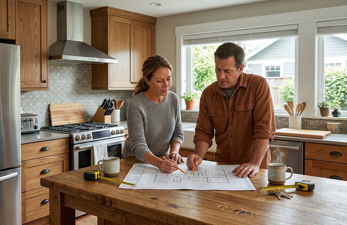 Homeowner and carpenter discussing a plan drawing at a kitchen island during a consultation